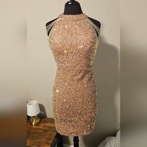 Missord Rose Gold Sequin Bodycon Dress W/chain Accents